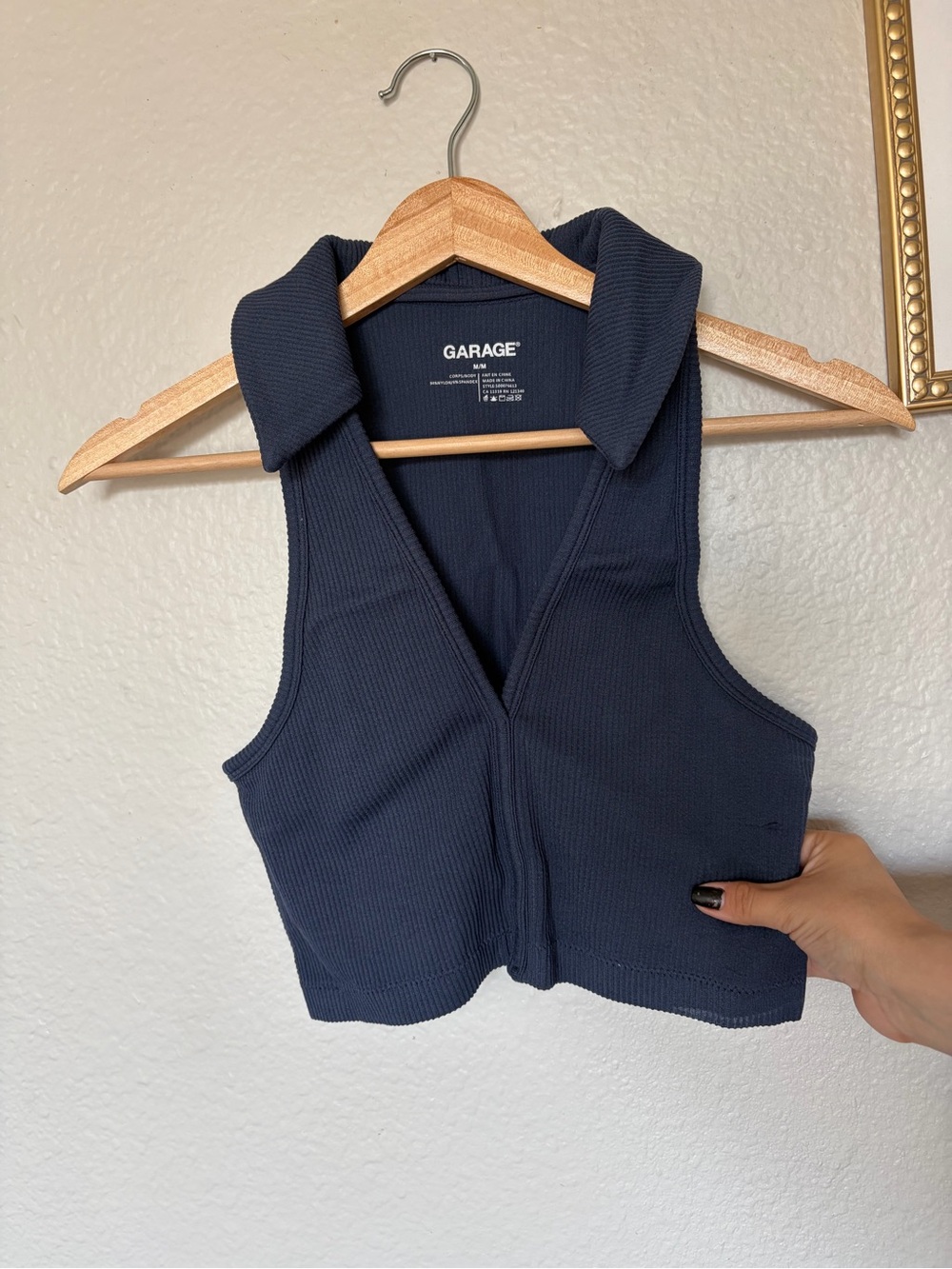 Garage Navy Ribbed Collared Crop Top